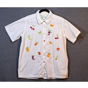 The Quacker Factory Women's White Embroidered Fruit Short Sleeve Button Shirt M